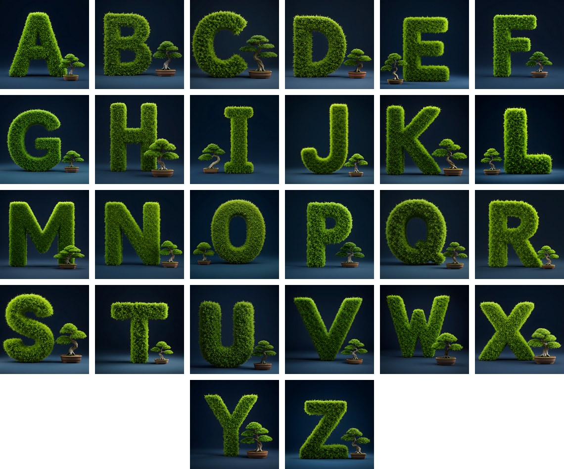 Bonsai Topiary Green alphabet — all 26 letters