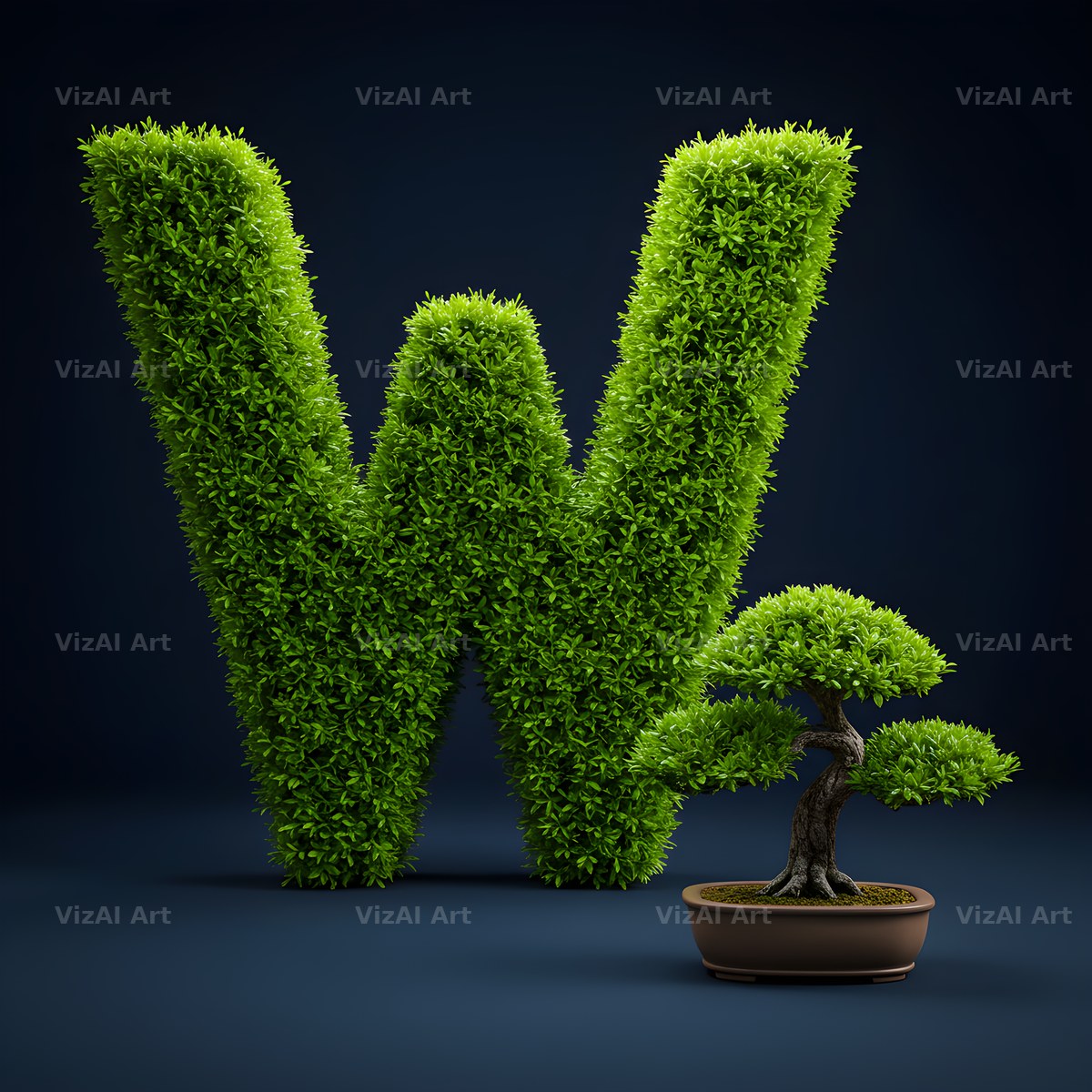 Bonsai Topiary Green alphabet letter W