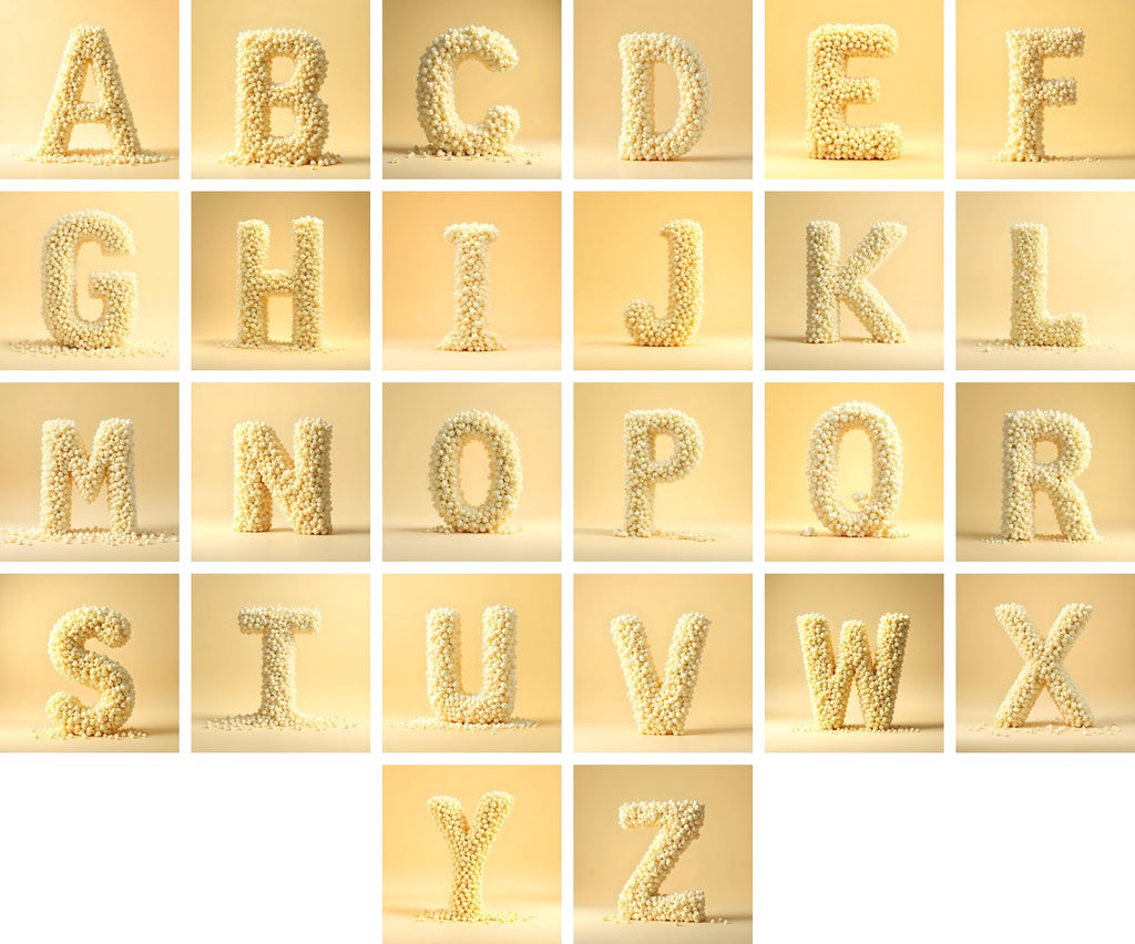 Buttered Popcorn alphabet — all 26 letters