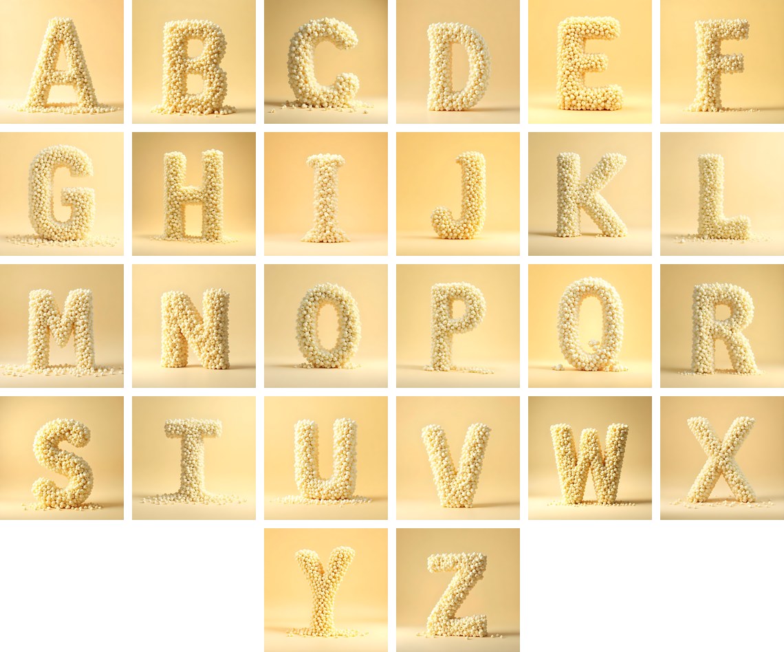 Buttered Popcorn alphabet — all 26 letters