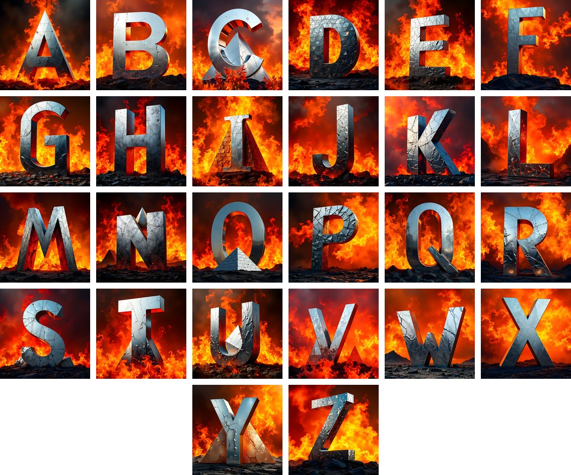 Silver Fire Forge alphabet — all 26 letters
