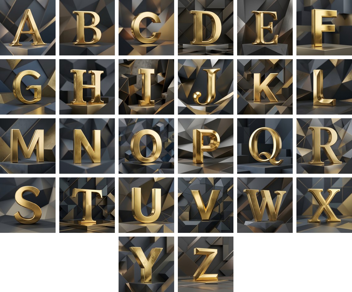 Solid Gold Facet alphabet — all 26 letters