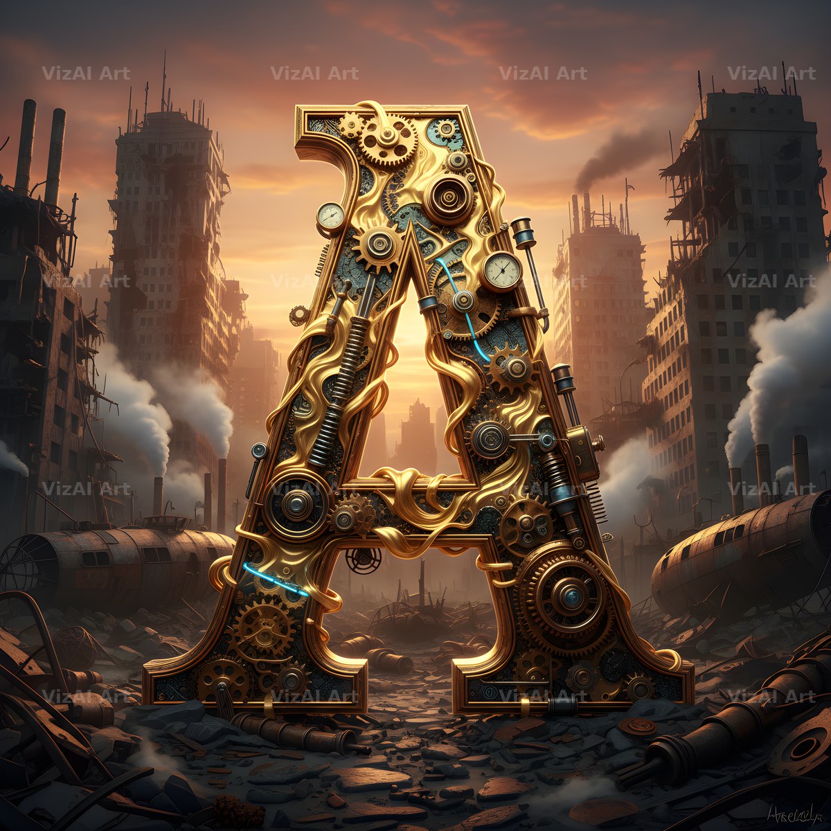 Steampunk Brass City alphabet letter A