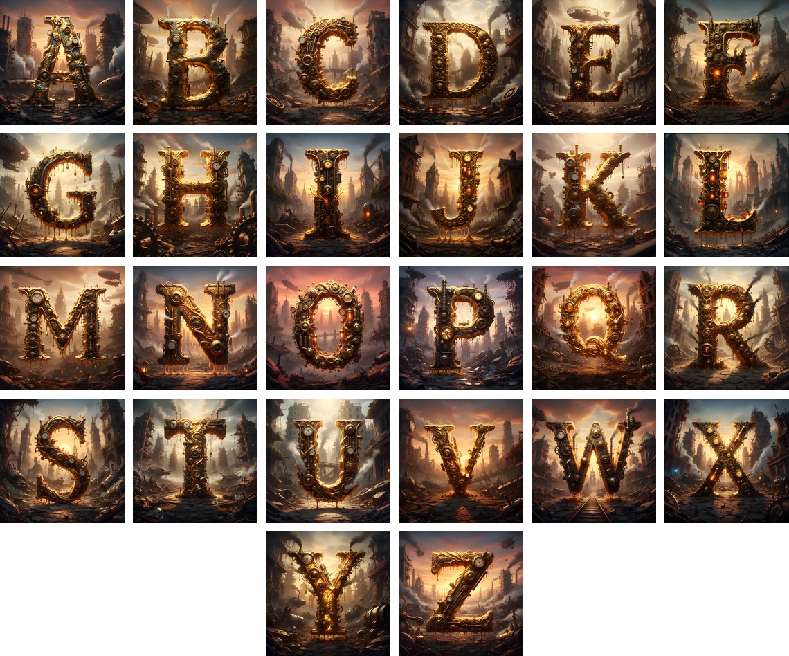 Steampunk Brass City alphabet — all 26 letters