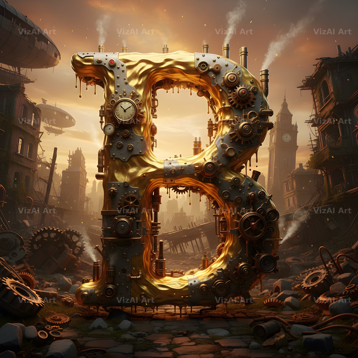 Steampunk Brass City alphabet letter B