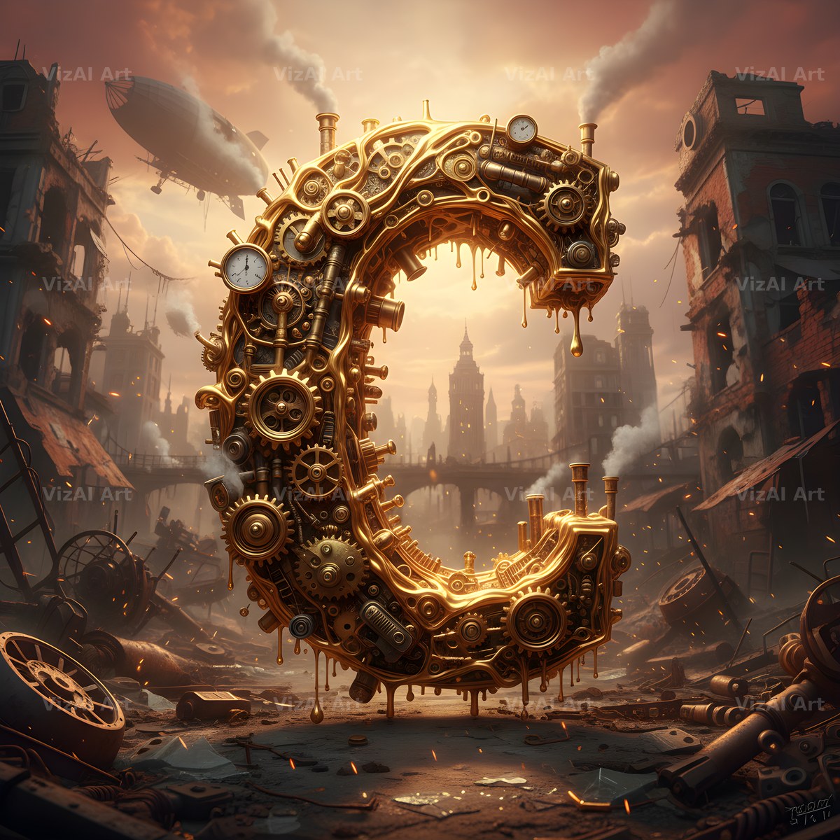 Steampunk Brass City alphabet letter C