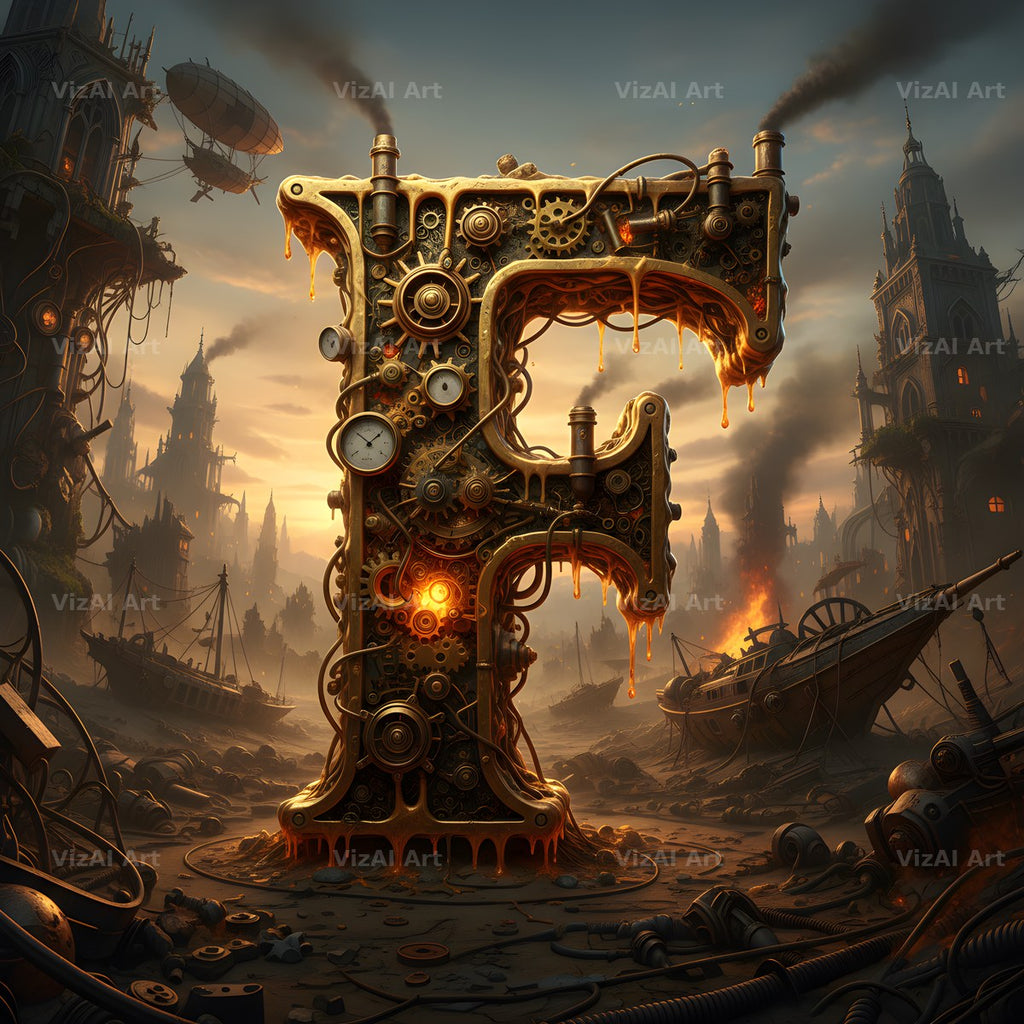 Steampunk Brass City alphabet letter F