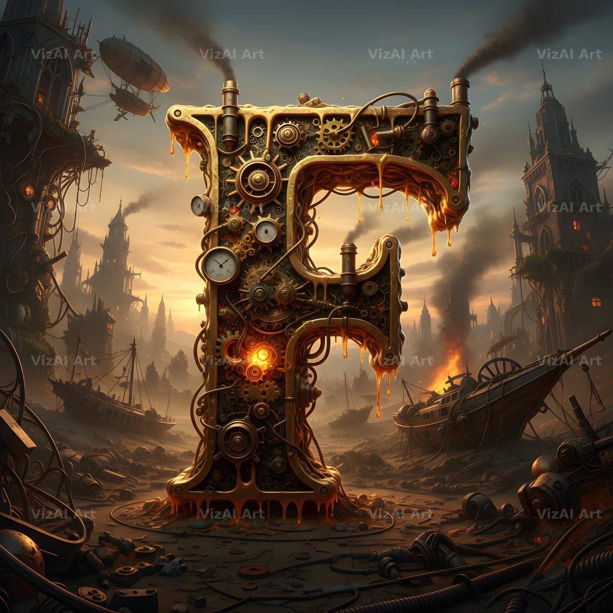 Steampunk Brass City alphabet letter F