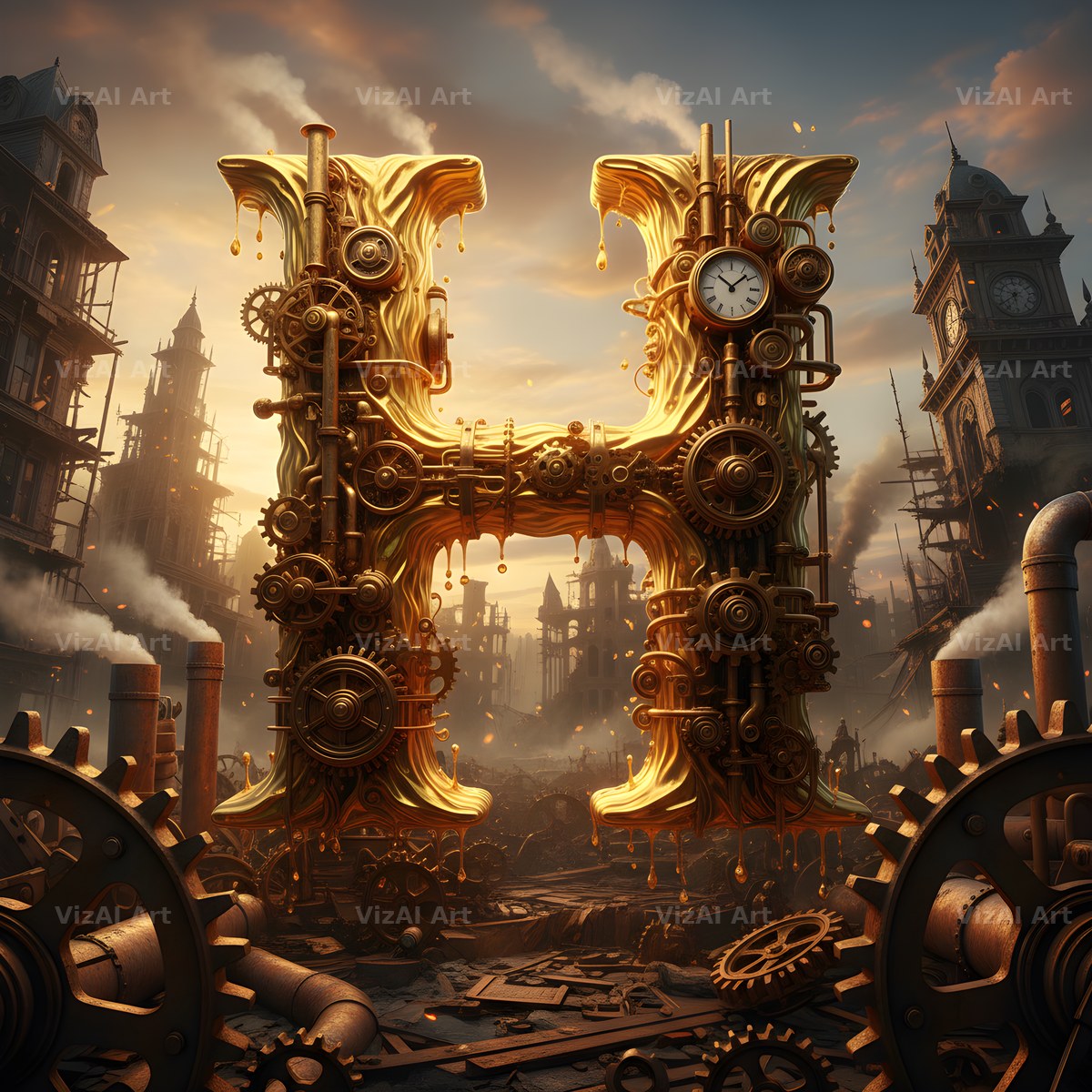 Steampunk Brass City alphabet letter H