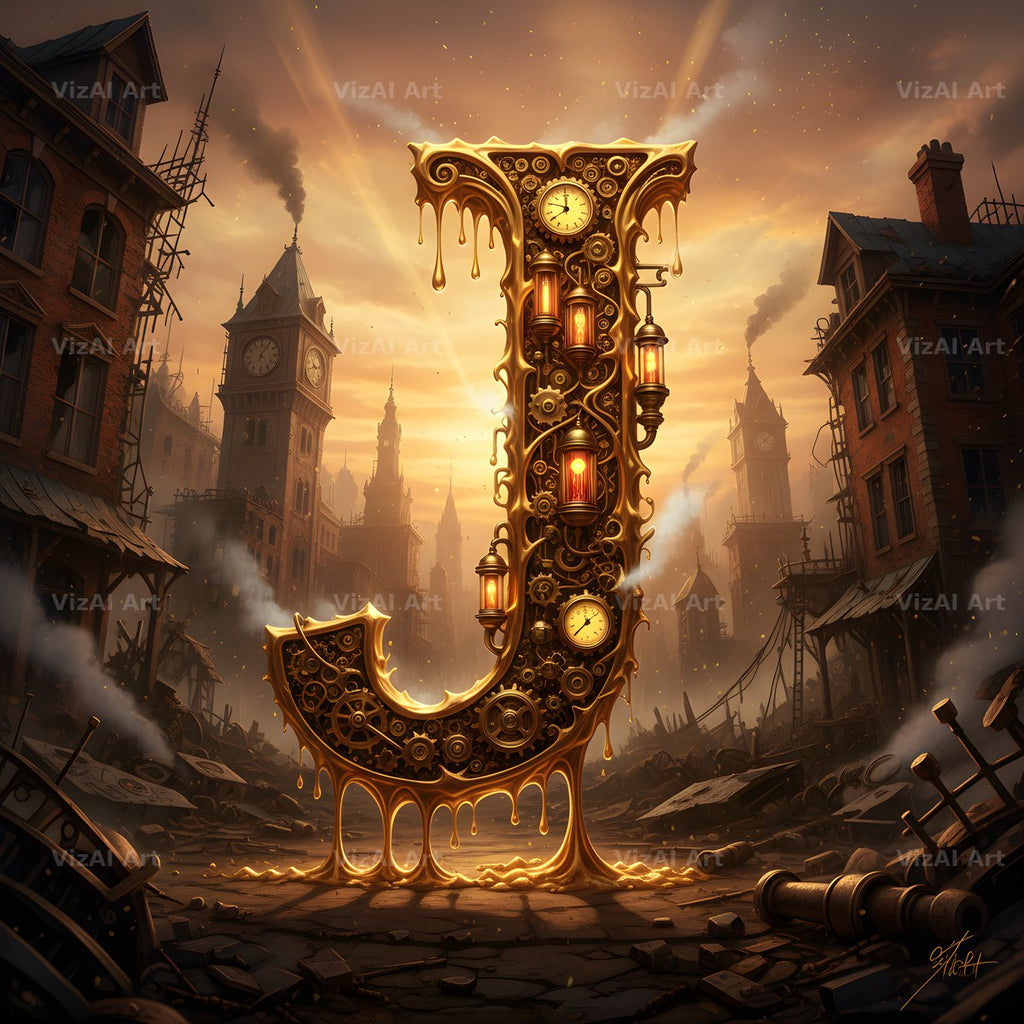 Steampunk Brass City alphabet letter J