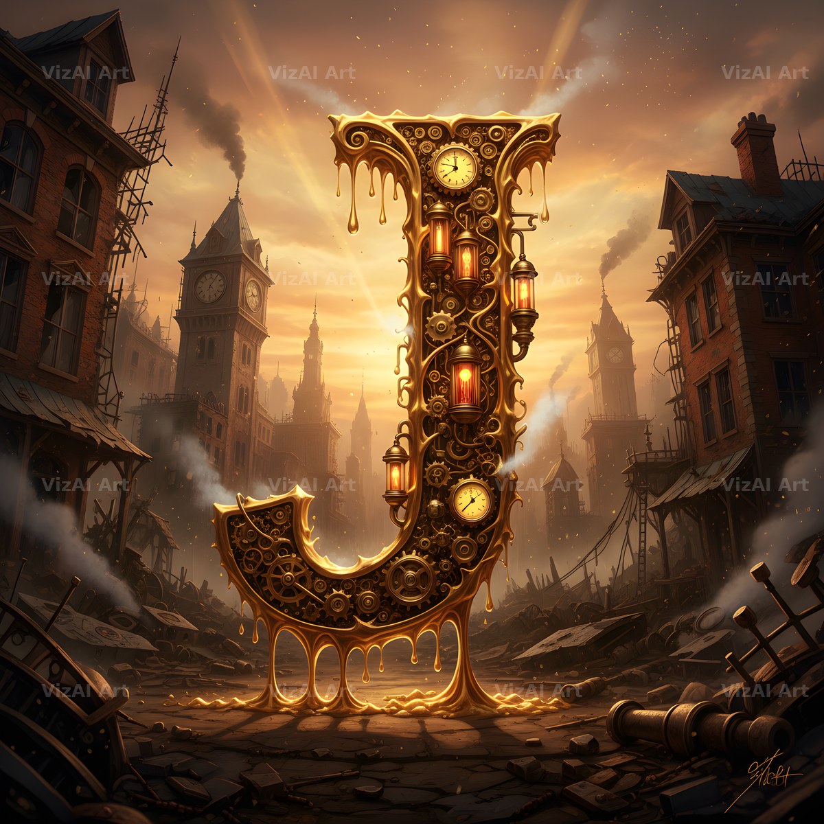 Steampunk Brass City alphabet letter J
