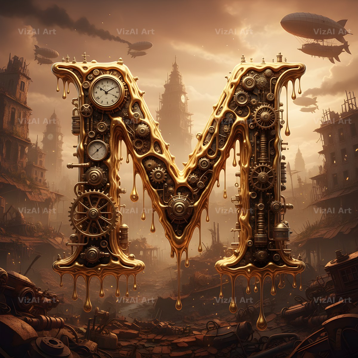 Steampunk Brass City alphabet letter M