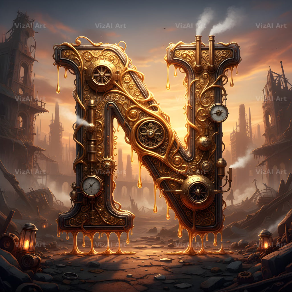 Steampunk Brass City alphabet letter N