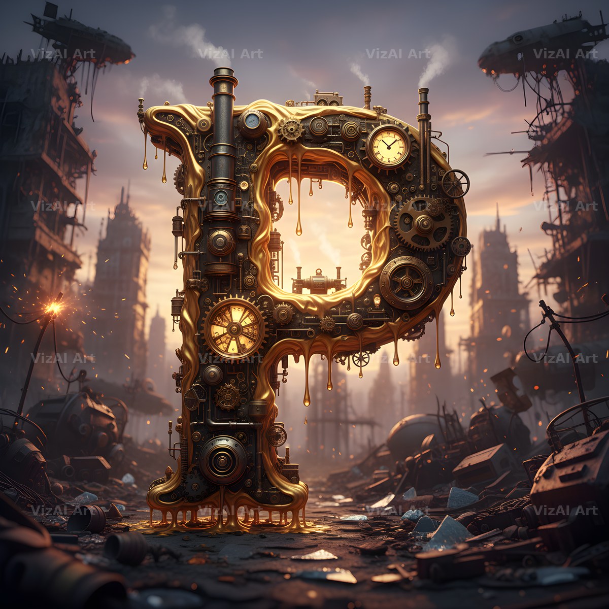 Steampunk Brass City alphabet letter P