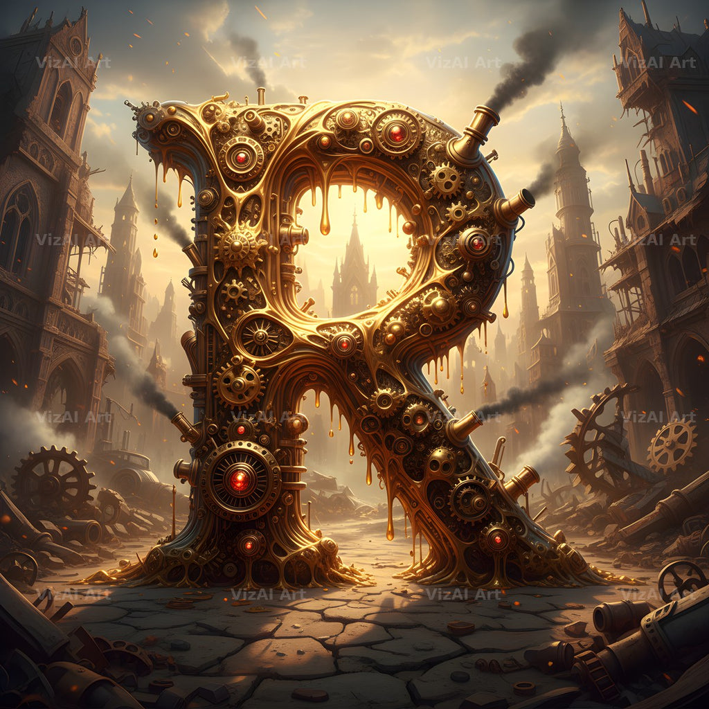 Steampunk Brass City alphabet letter R