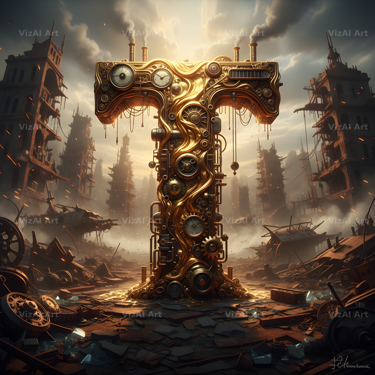 Steampunk Brass City alphabet letter T