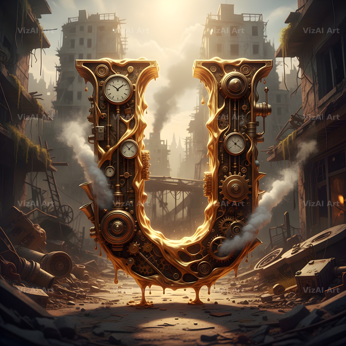 Steampunk Brass City alphabet letter U