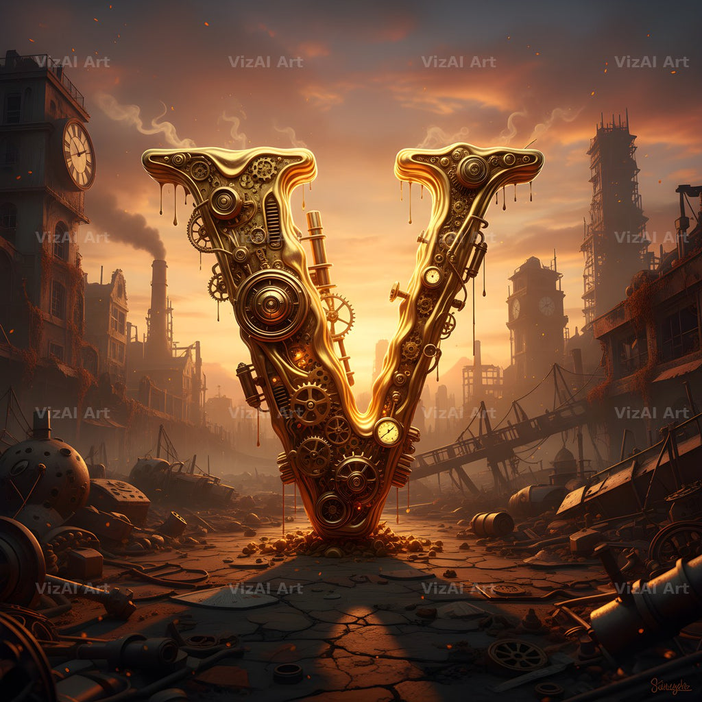 Steampunk Brass City alphabet letter V