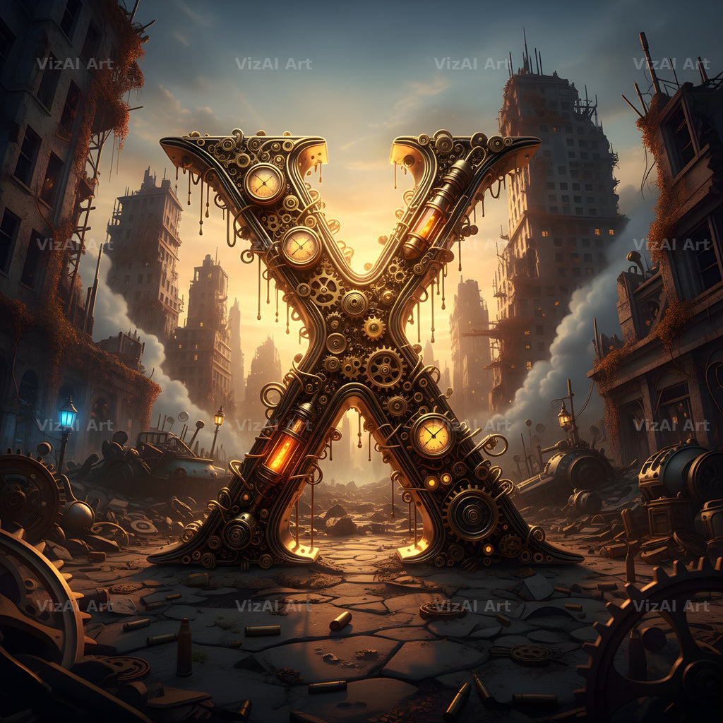 Steampunk Brass City alphabet letter X