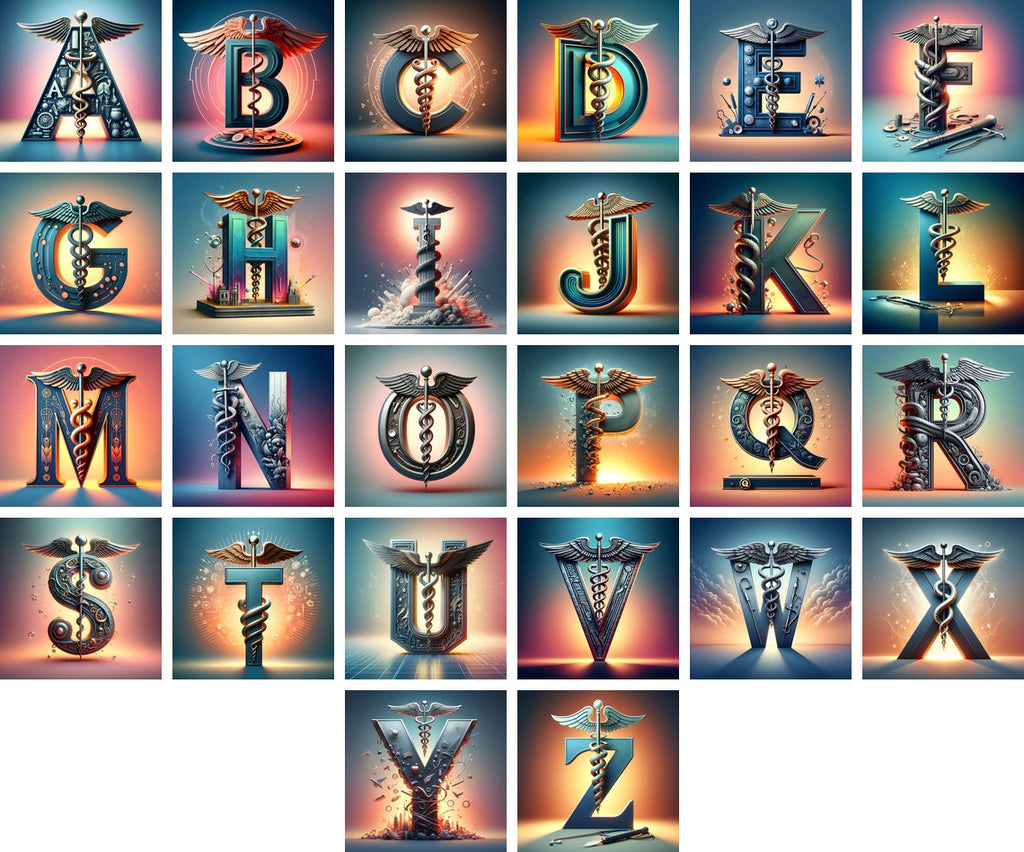 Caduceus Medical Emblem alphabet — all 26 letters