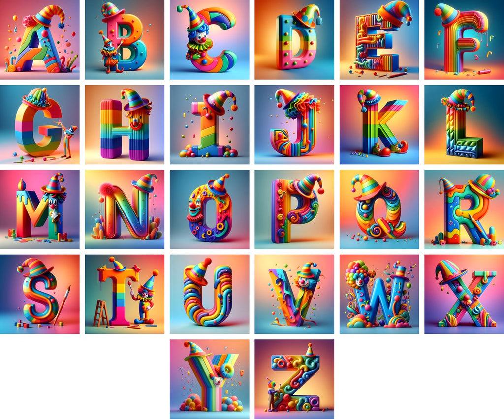 Circus Clown Carnival alphabet — all 26 letters