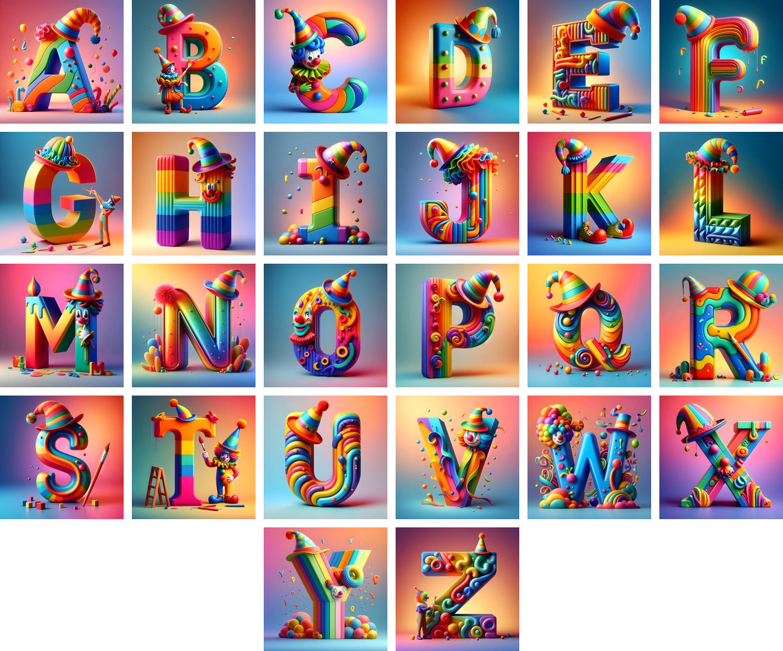 Circus Clown Carnival alphabet — all 26 letters