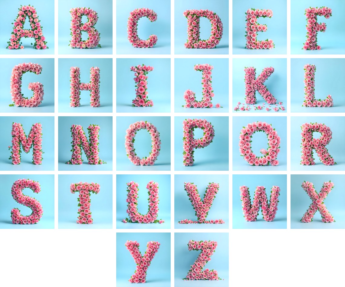 Blush Rose Cloud alphabet — all 26 letters