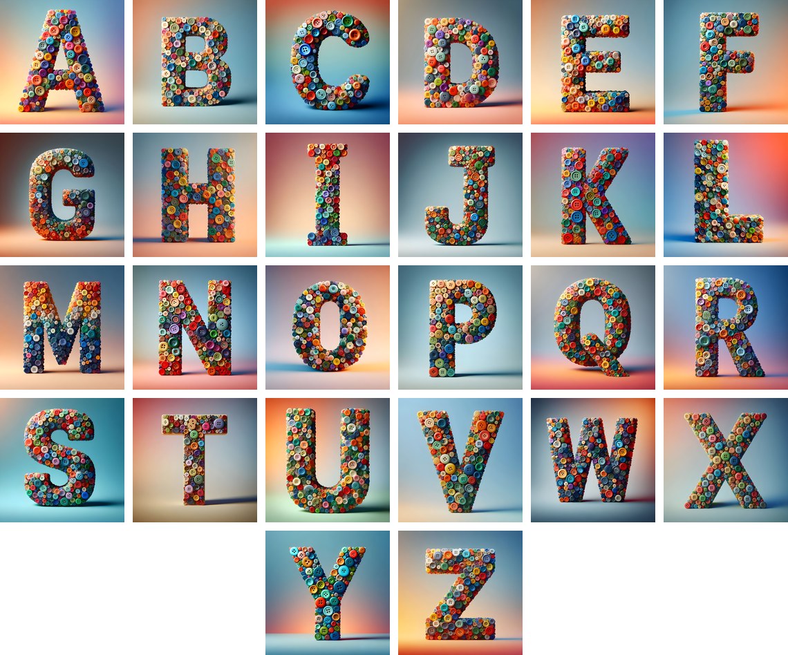 Craft Button Mosaic alphabet — all 26 letters