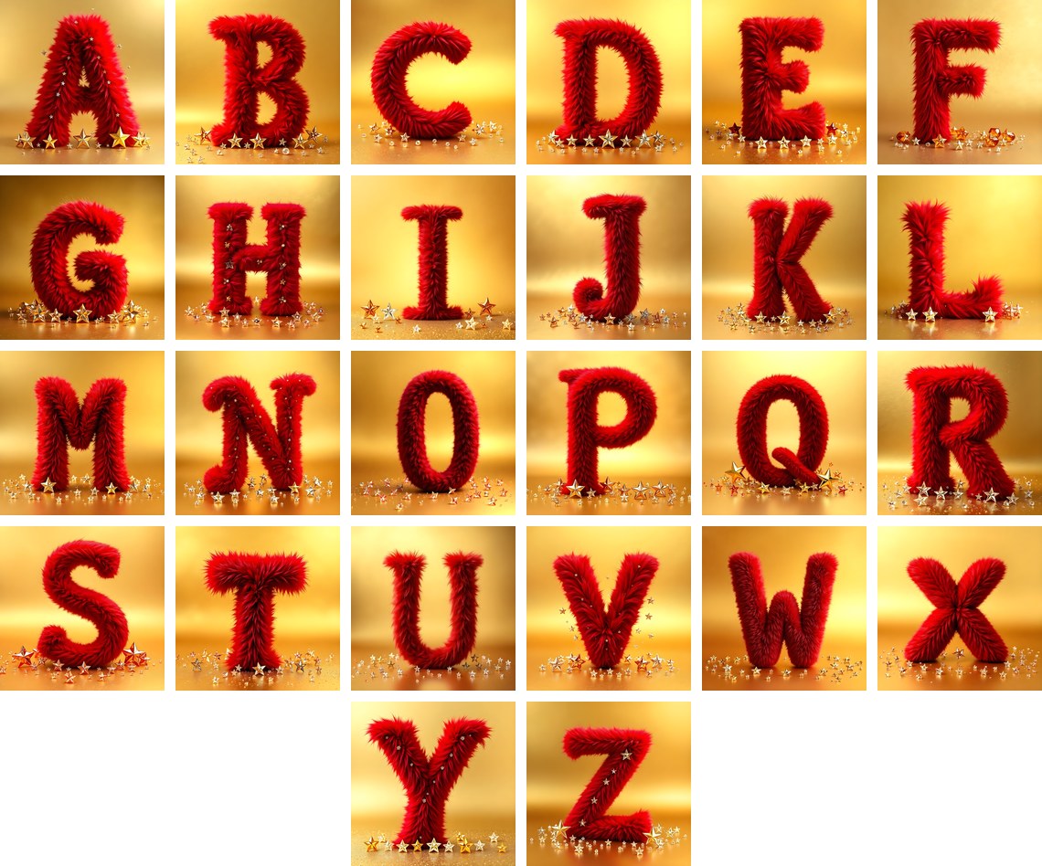 Crimson Plush Fur alphabet — all 26 letters