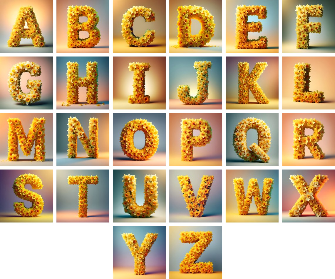 Daffodil Meadow alphabet — all 26 letters