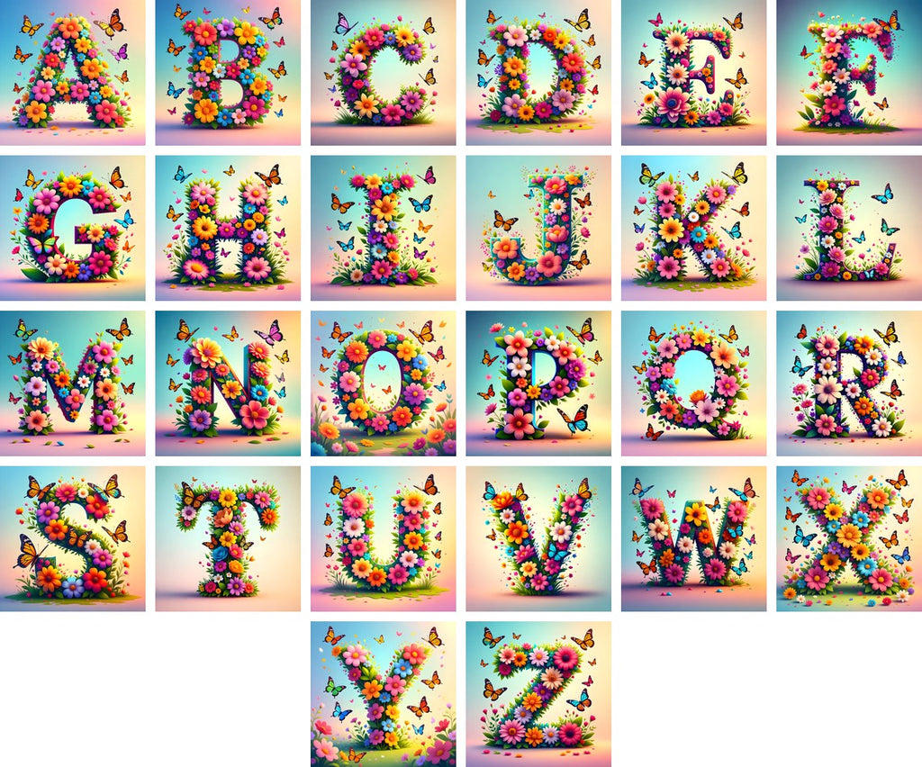 Daisy Butterfly Pastel alphabet — all 26 letters