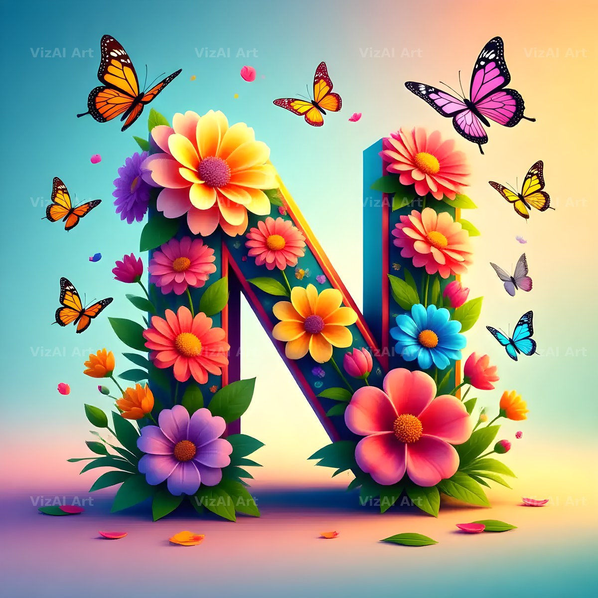 Daisy Butterfly Pastel alphabet letter N