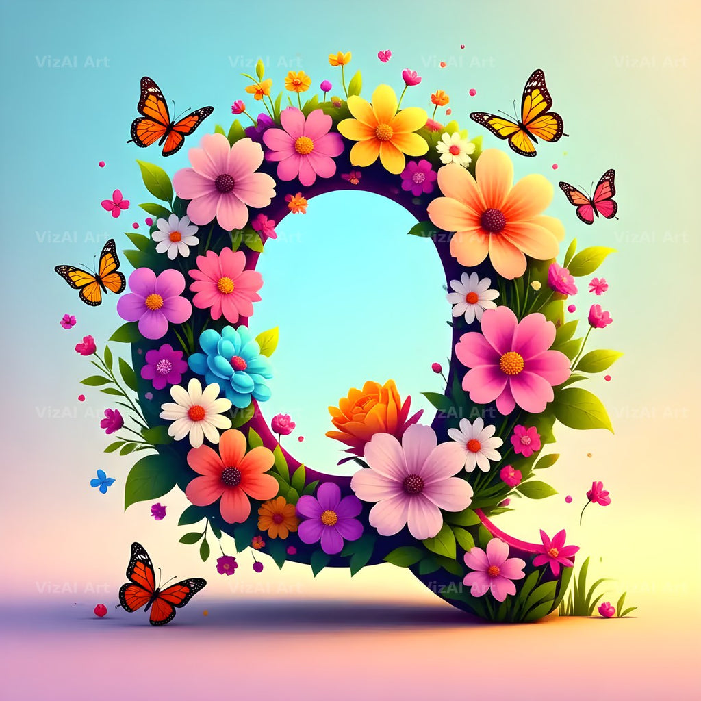 Daisy Butterfly Pastel alphabet letter Q