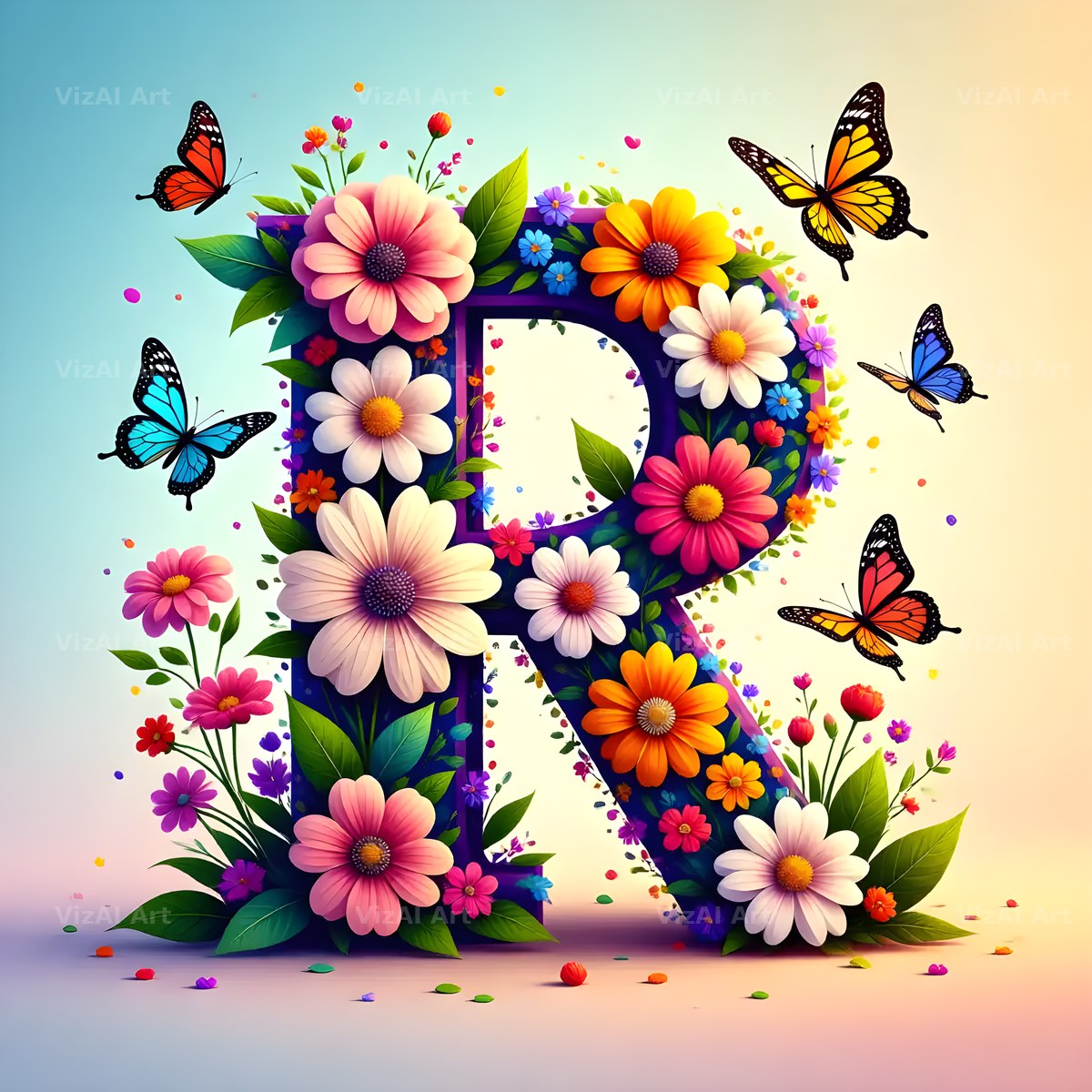 Daisy Butterfly Pastel alphabet letter R