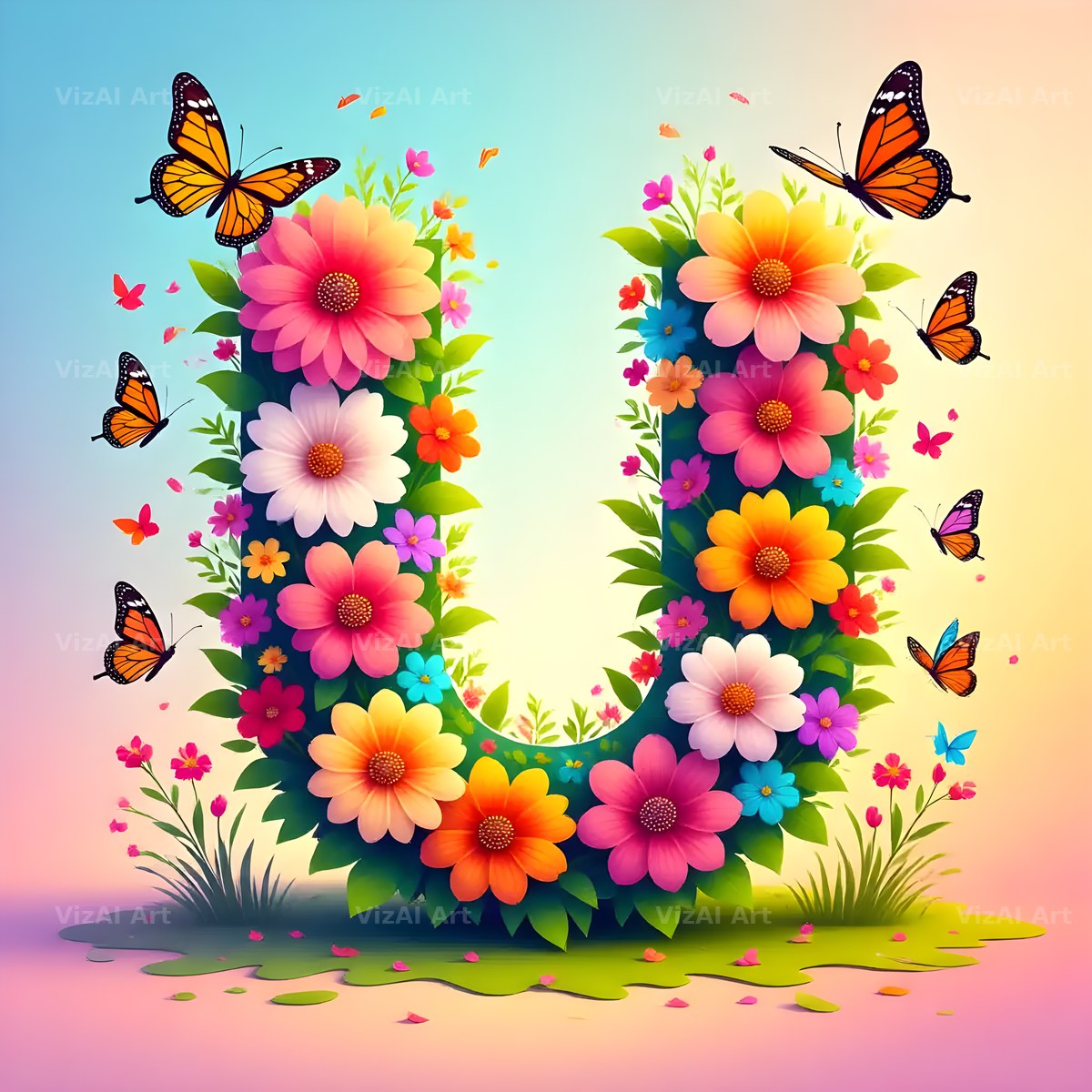 Daisy Butterfly Pastel alphabet letter U