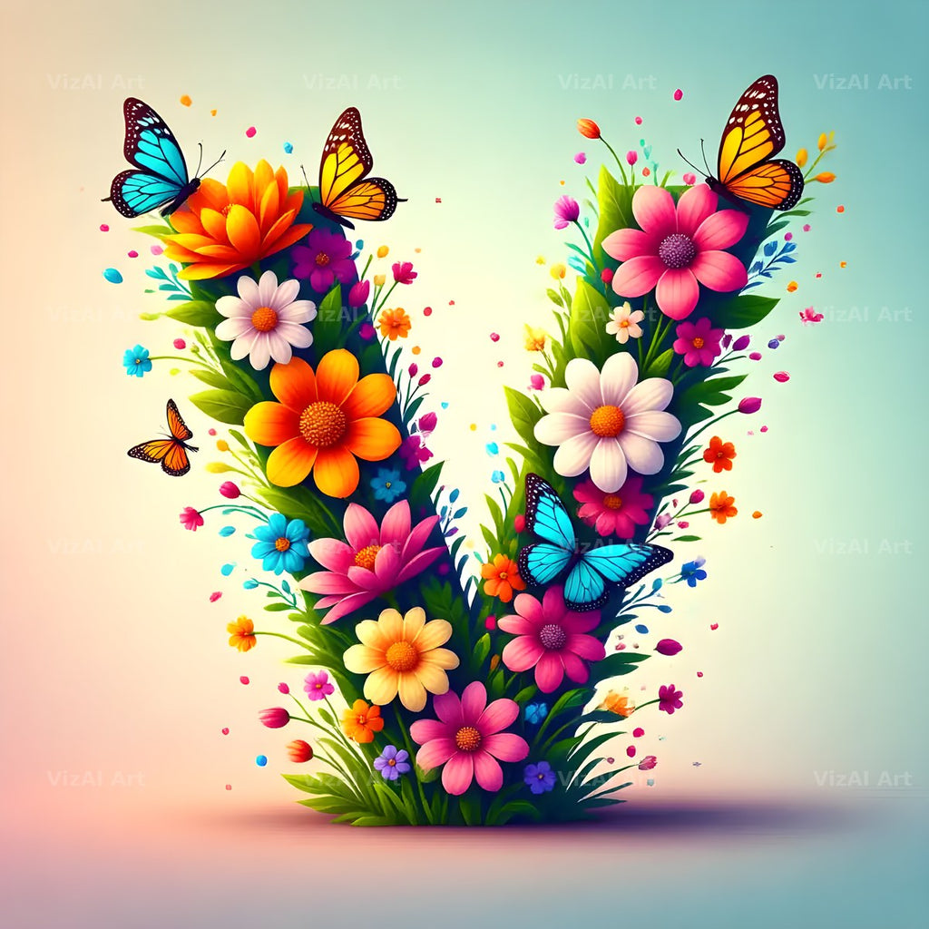 Daisy Butterfly Pastel alphabet letter V