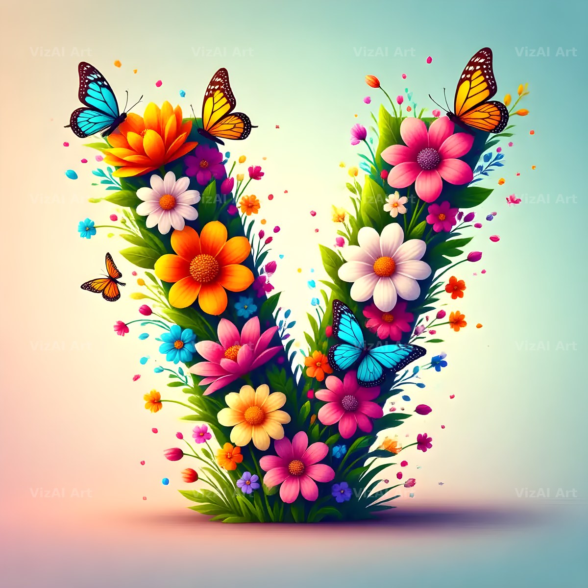 Daisy Butterfly Pastel alphabet letter V