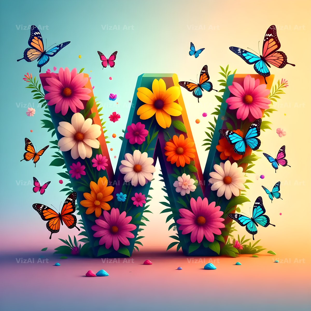 Daisy Butterfly Pastel alphabet letter W