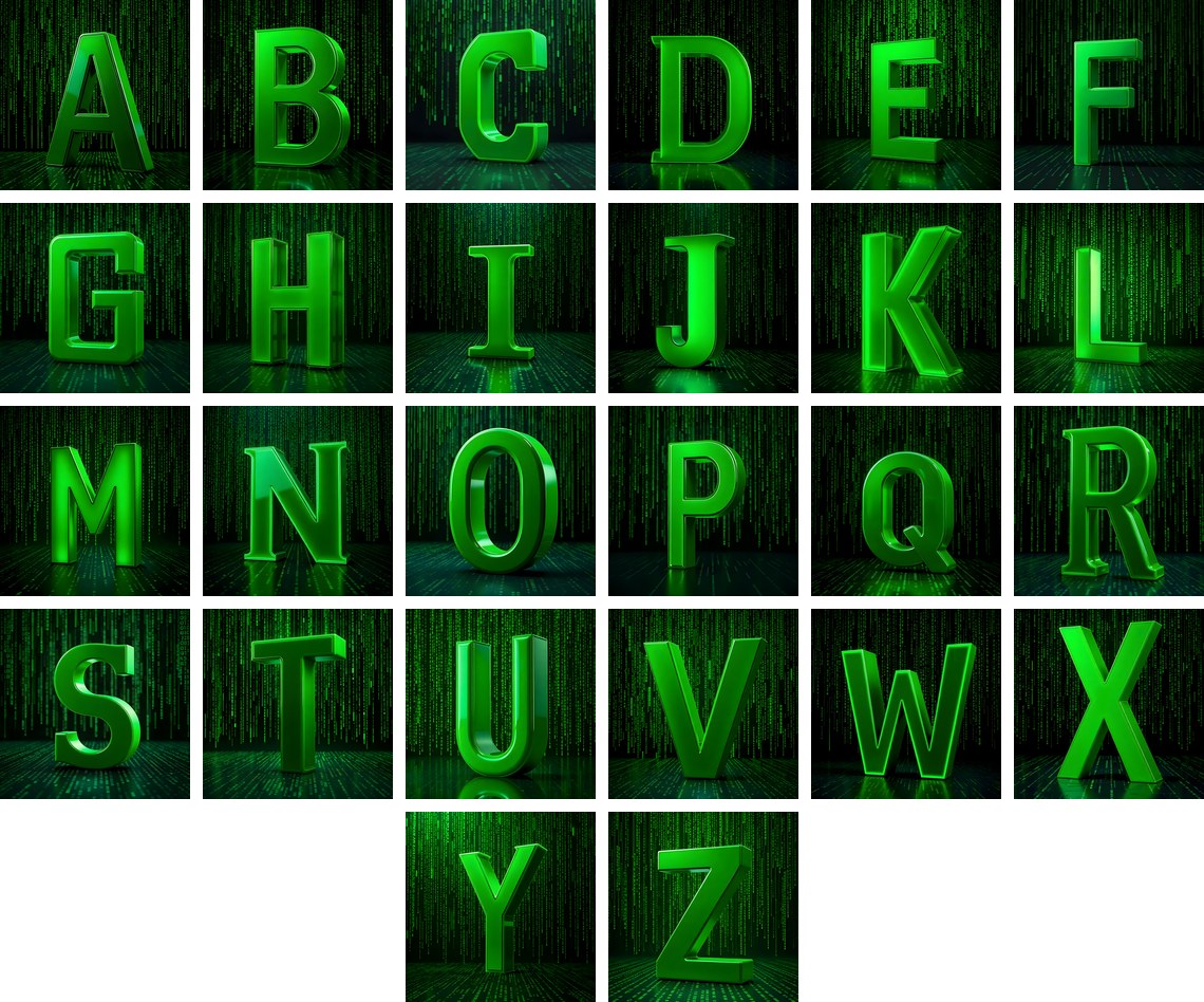 Digital Rain Code alphabet — all 26 letters
