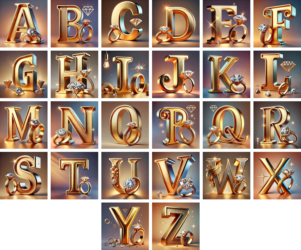 Diamond Ring Gold alphabet — all 26 letters