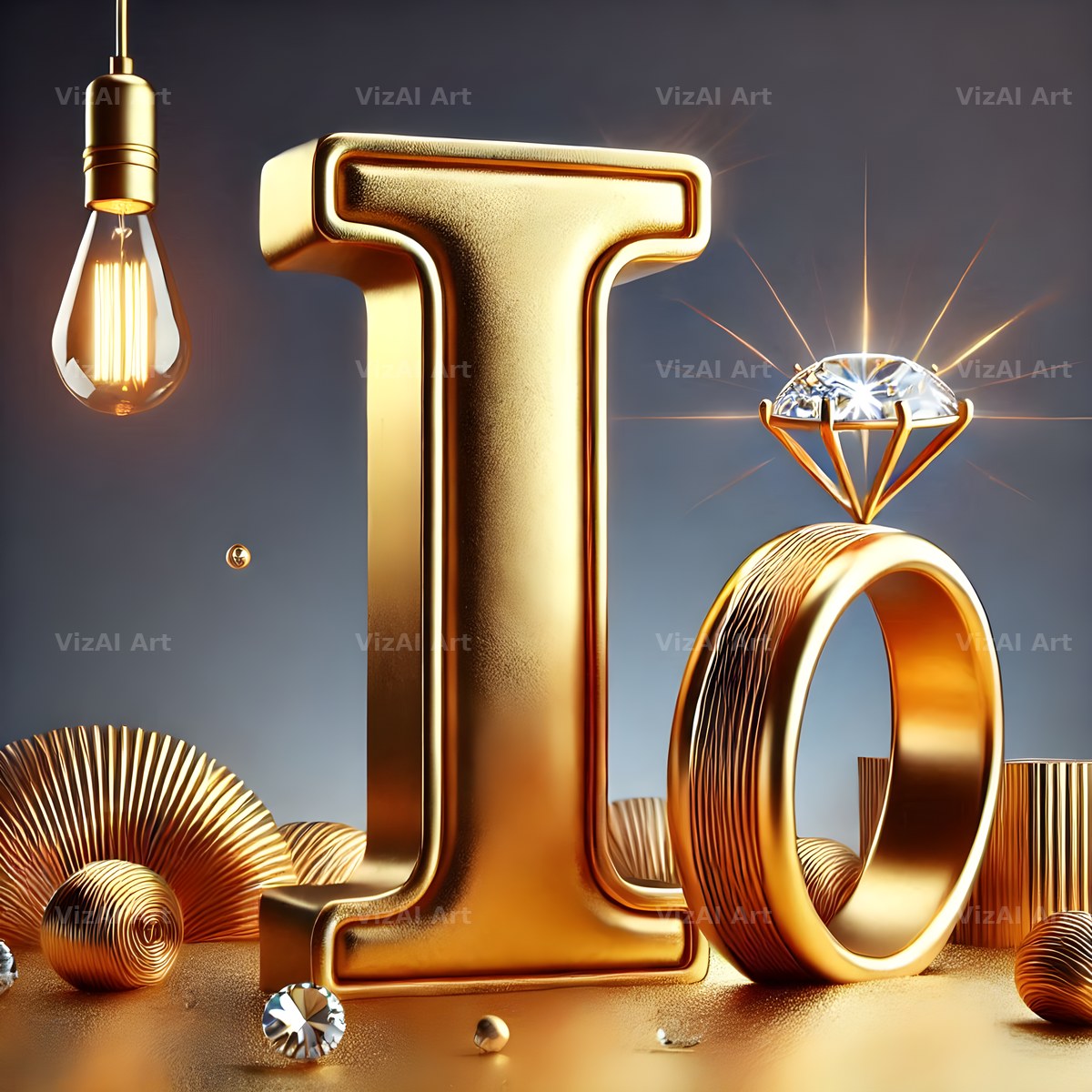 Diamond Ring Gold alphabet letter I