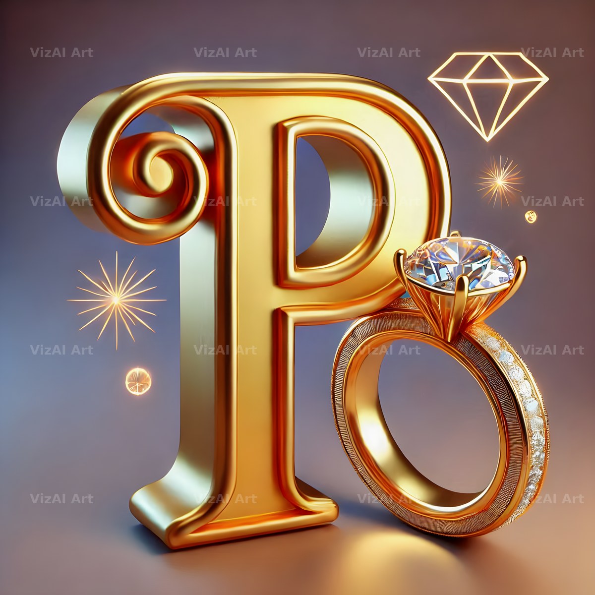 Diamond Ring Gold alphabet letter P