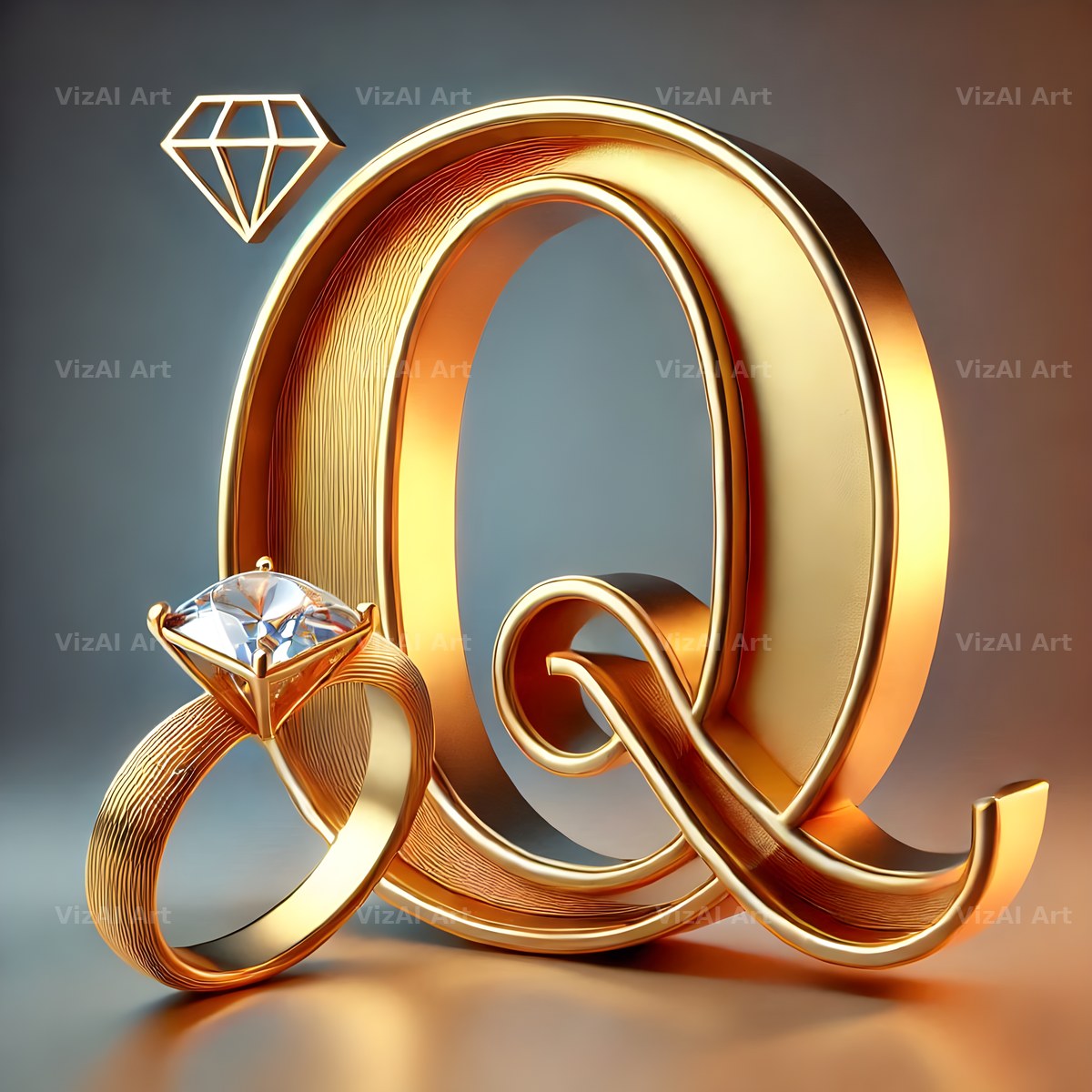 Diamond Ring Gold alphabet letter Q