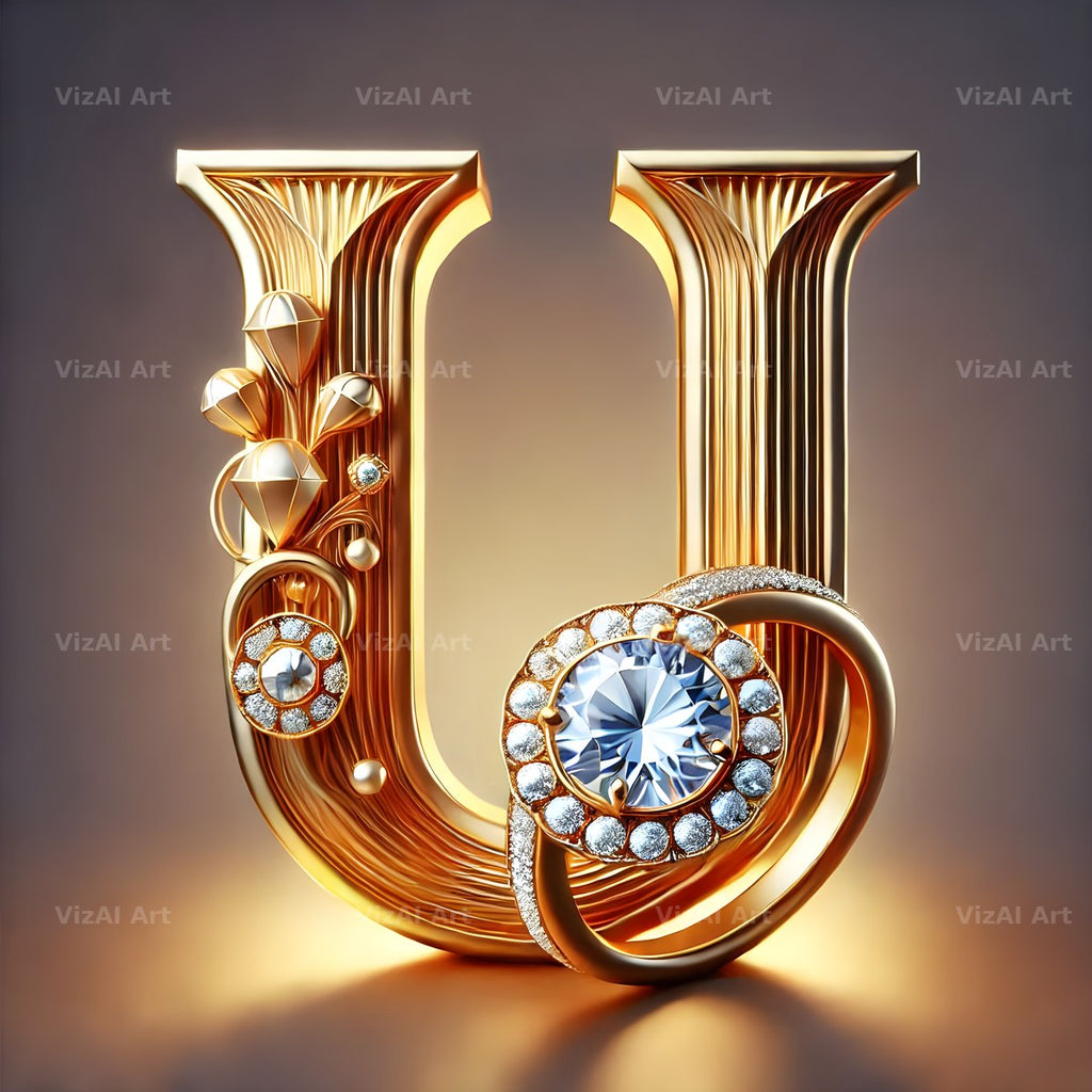Diamond Ring Gold alphabet letter U