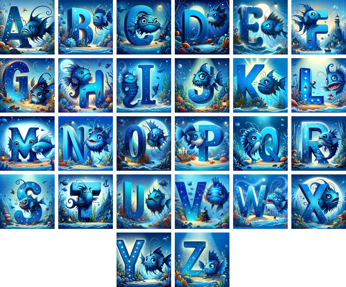 Deep Sea Anglerfish alphabet — all 26 letters