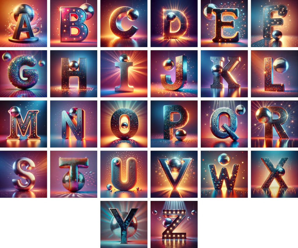 Disco Mirror Ball alphabet — all 26 letters
