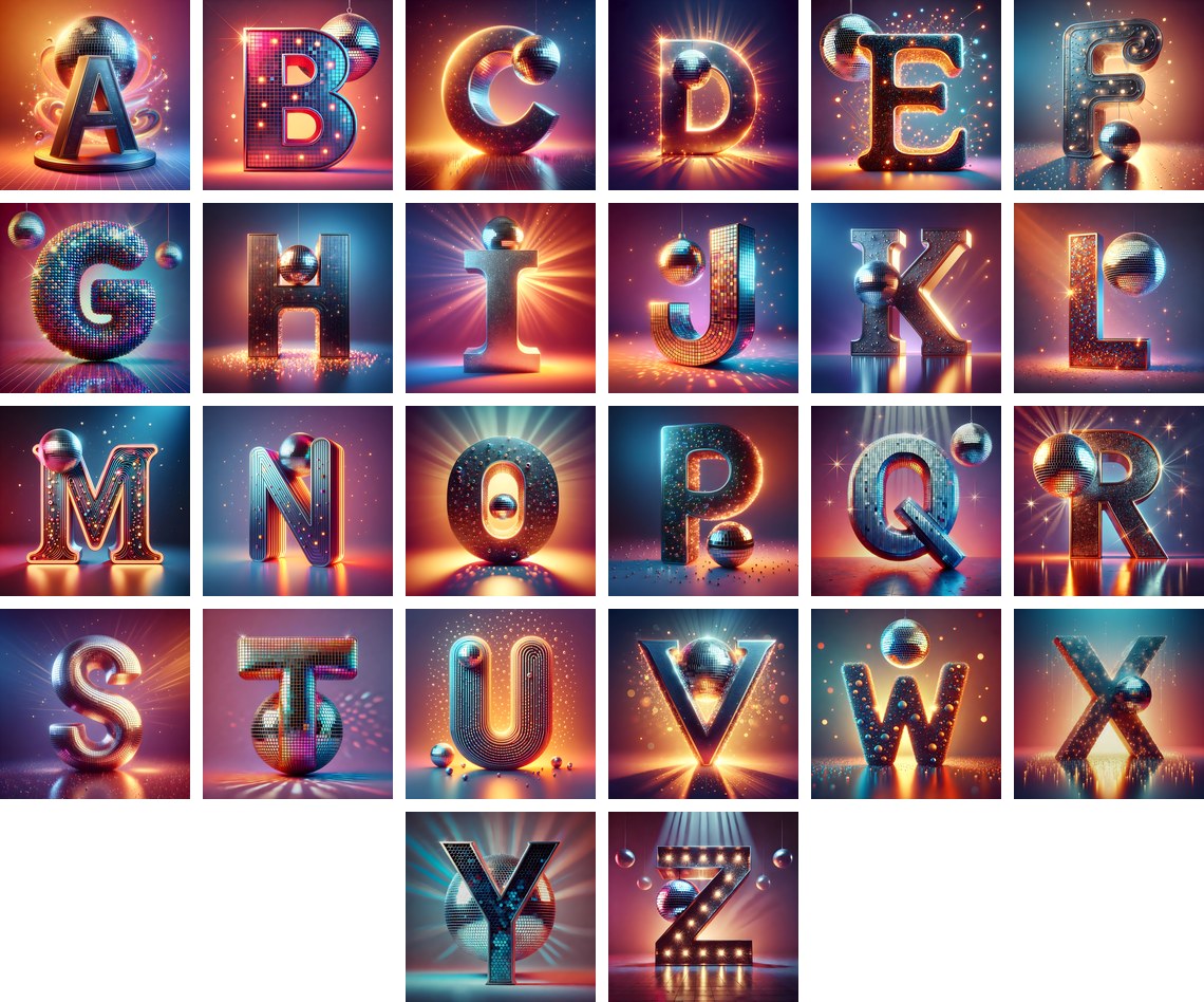 Disco Mirror Ball alphabet — all 26 letters