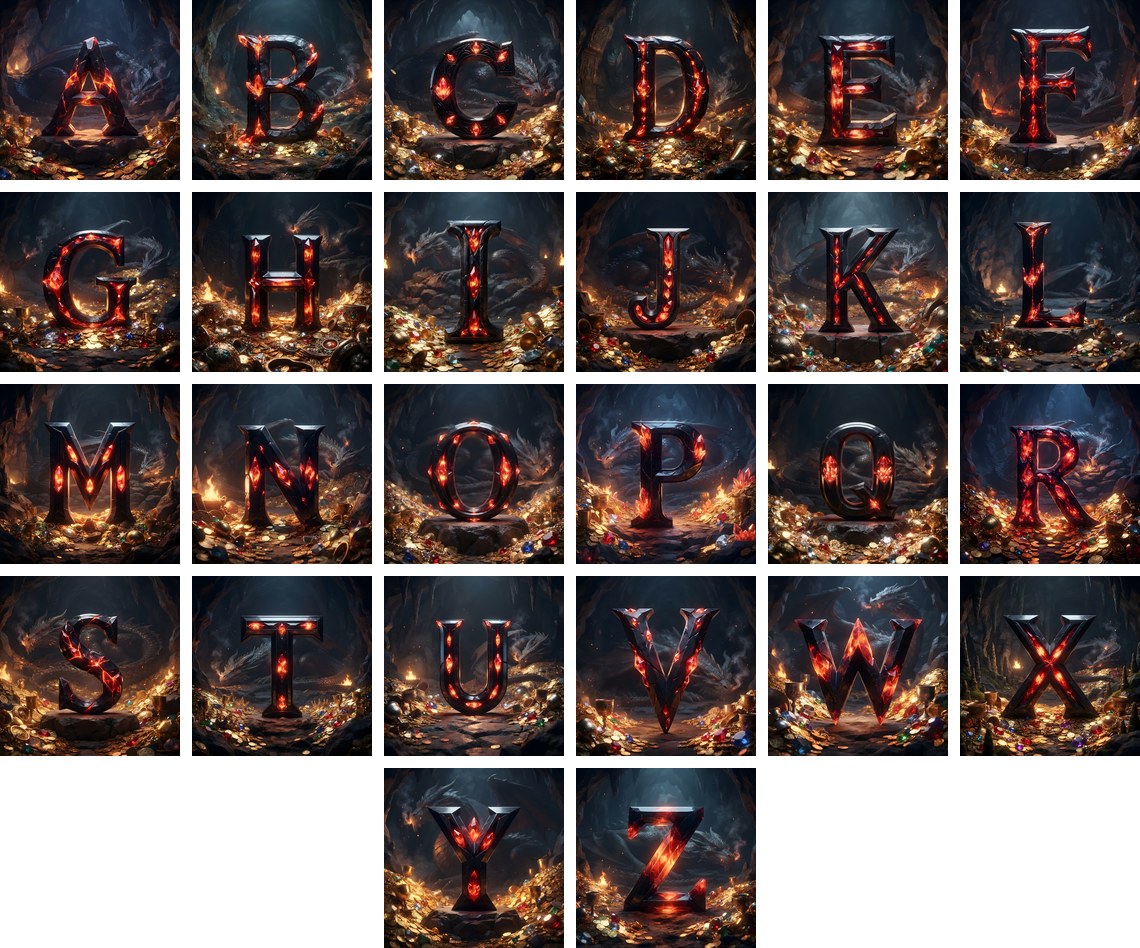 Dragon Lava Cave alphabet — all 26 letters