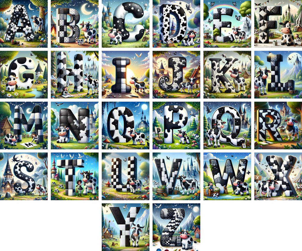 Dairy Cow Patch alphabet — all 26 letters