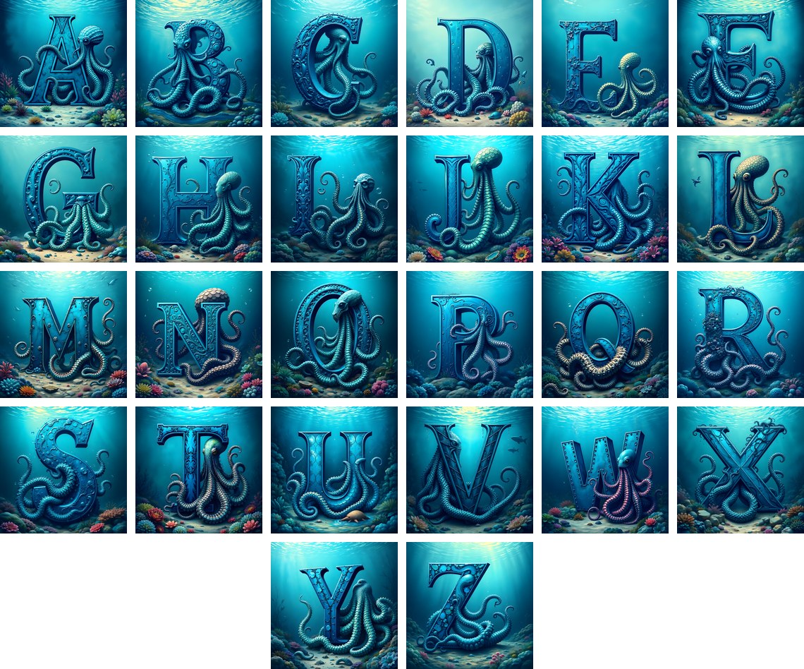 Deep Sea Kraken alphabet — all 26 letters
